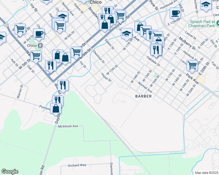 map of restaurants, bars, coffee shops, grocery stores, and more near 1246 Hazel Street in Chico