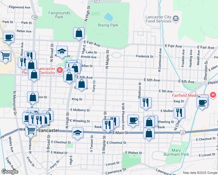 map of restaurants, bars, coffee shops, grocery stores, and more near 505 East 5th Avenue in Lancaster