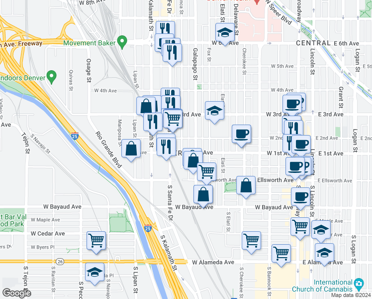 map of restaurants, bars, coffee shops, grocery stores, and more near 729 West 1st Avenue in Denver