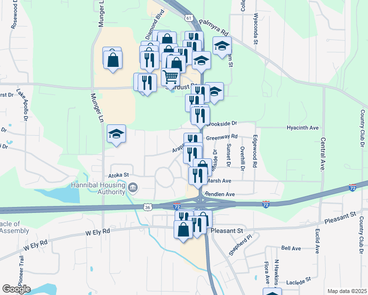 map of restaurants, bars, coffee shops, grocery stores, and more near 3317 Arapaho Street in Hannibal