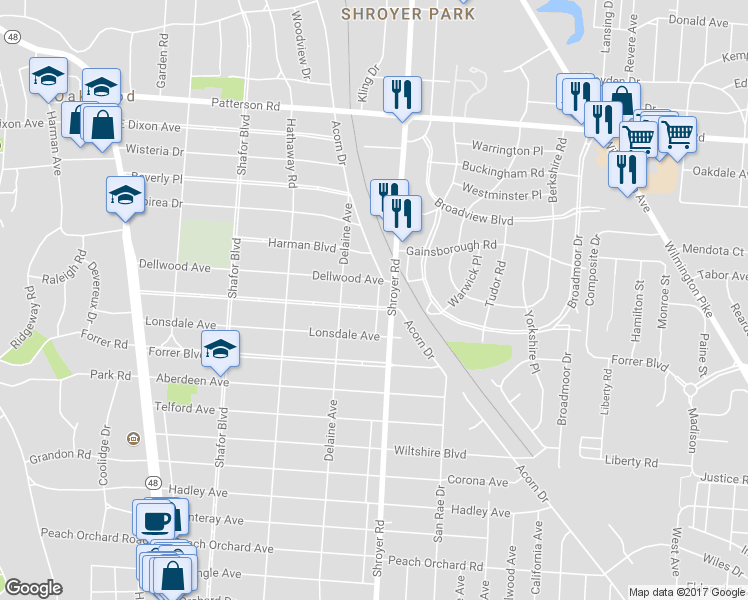 map of restaurants, bars, coffee shops, grocery stores, and more near 435 Greenmount Boulevard in Dayton