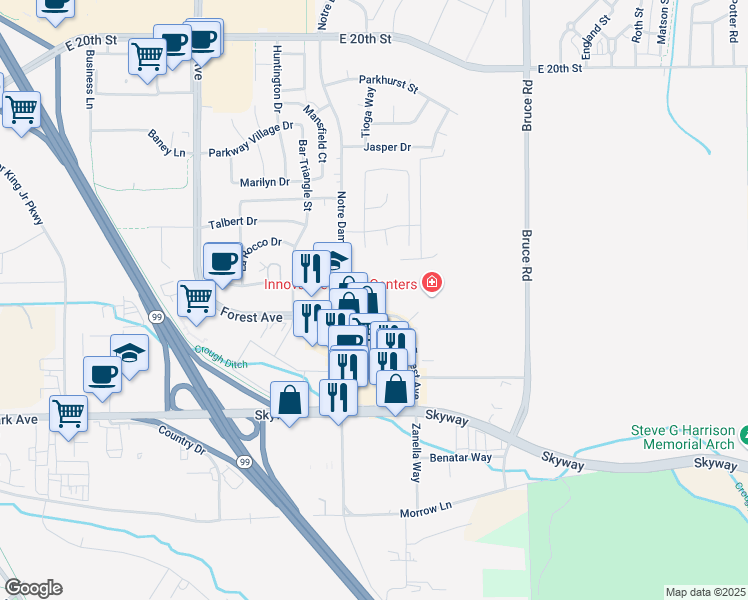 map of restaurants, bars, coffee shops, grocery stores, and more near 2535 Forest Avenue in Chico