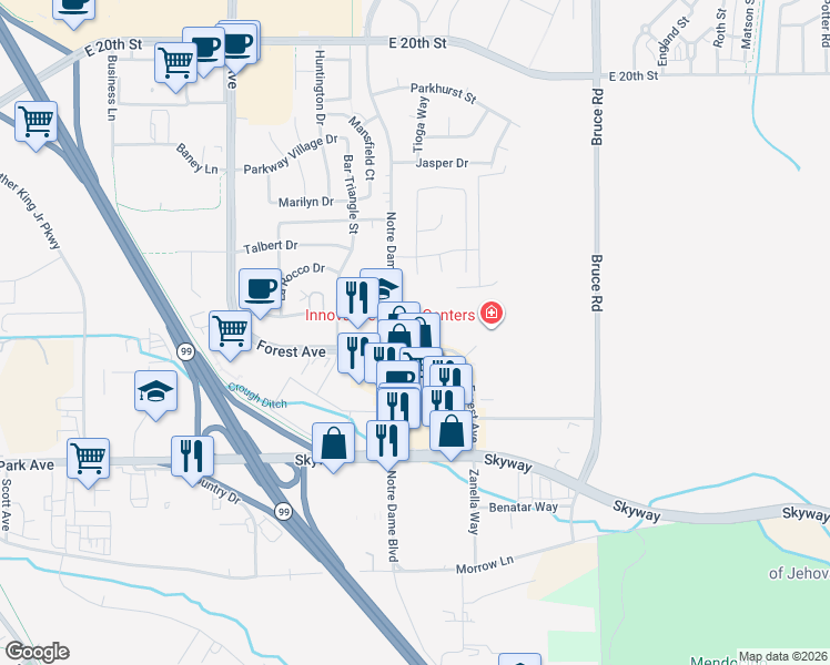 map of restaurants, bars, coffee shops, grocery stores, and more near 2533 Forest Avenue in Chico