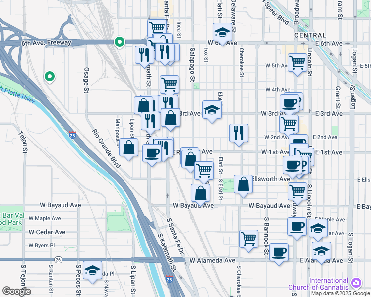 map of restaurants, bars, coffee shops, grocery stores, and more near 721 West 1st Avenue in Denver