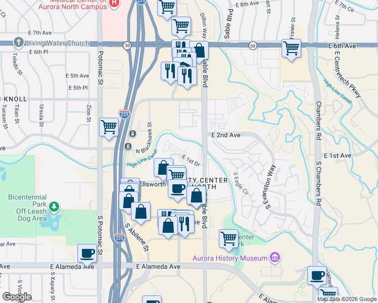 map of restaurants, bars, coffee shops, grocery stores, and more near 14439 East 1st Drive in Aurora