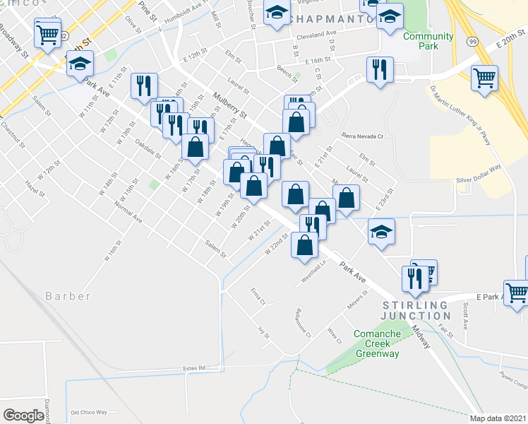 map of restaurants, bars, coffee shops, grocery stores, and more near 2030 Park Avenue in Chico
