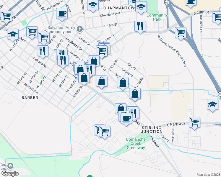 map of restaurants, bars, coffee shops, grocery stores, and more near 2140 Fair Street in Chico