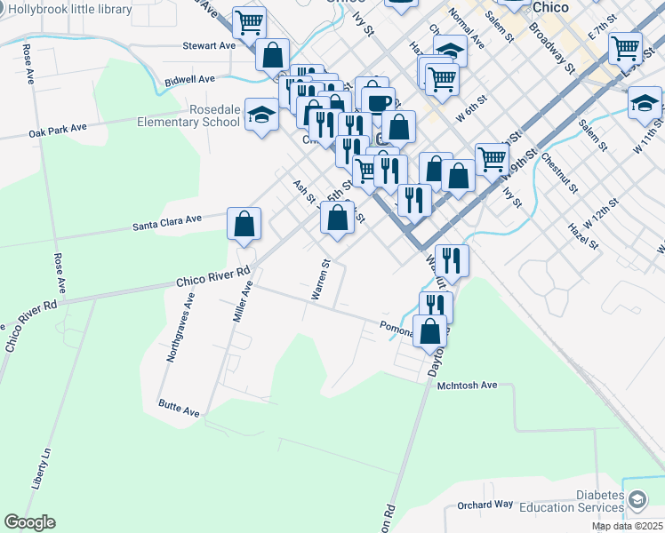 map of restaurants, bars, coffee shops, grocery stores, and more near 710 Hickory Street in Chico
