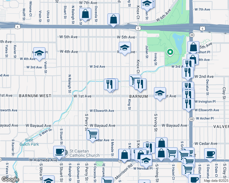 map of restaurants, bars, coffee shops, grocery stores, and more near 118 Meade Street in Denver