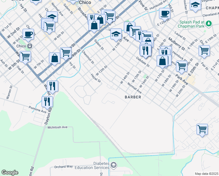 map of restaurants, bars, coffee shops, grocery stores, and more near 532 West 14th Street in Chico