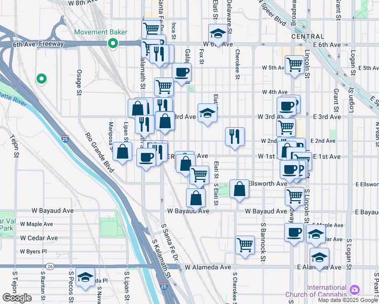 map of restaurants, bars, coffee shops, grocery stores, and more near 104 Galapago Street in Denver