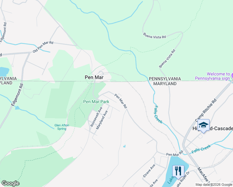 map of restaurants, bars, coffee shops, grocery stores, and more near 24834 Pen Mar Road in Highfield-Cascade