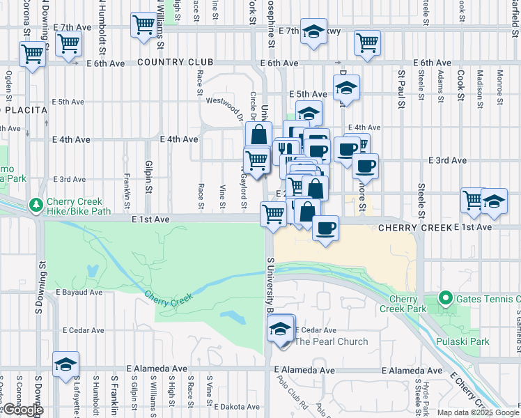 map of restaurants, bars, coffee shops, grocery stores, and more near 101 University Boulevard in Denver