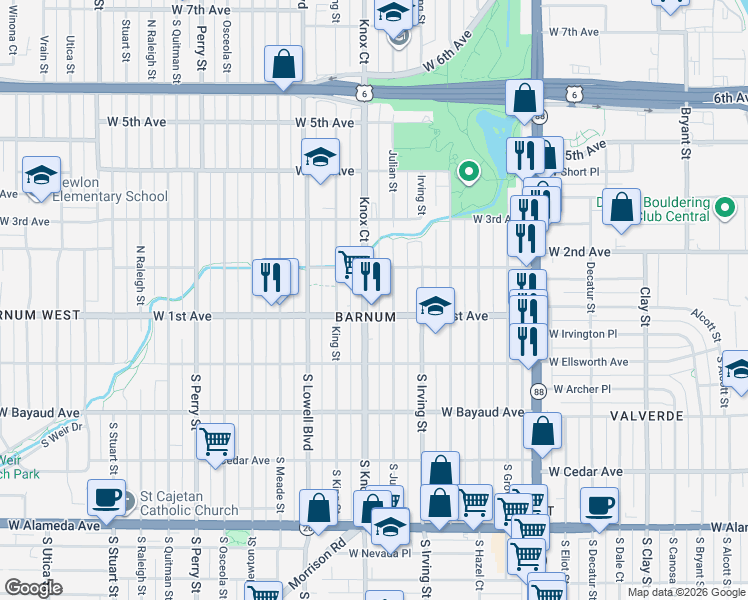 map of restaurants, bars, coffee shops, grocery stores, and more near 111 Julian Street in Denver