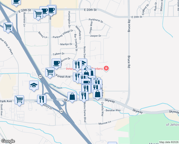map of restaurants, bars, coffee shops, grocery stores, and more near 2533 Forest Avenue in Chico