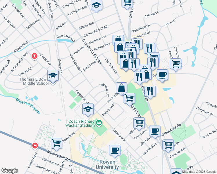 map of restaurants, bars, coffee shops, grocery stores, and more near 8 Fairmount Drive in Glassboro