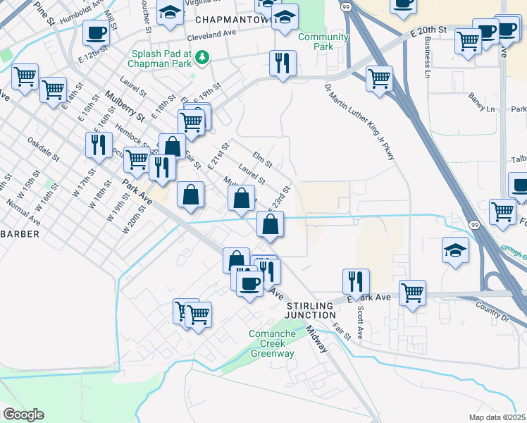 map of restaurants, bars, coffee shops, grocery stores, and more near 2294 Mulberry Street in Chico