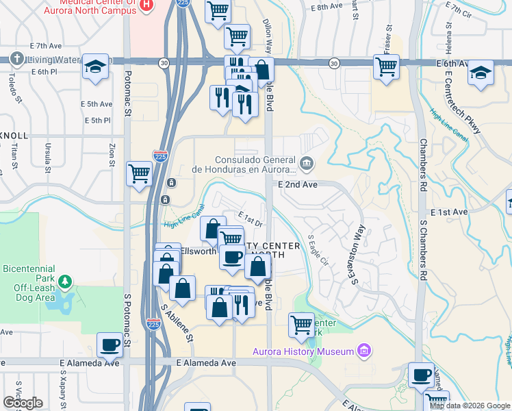 map of restaurants, bars, coffee shops, grocery stores, and more near 14495 East 1st Drive in Aurora