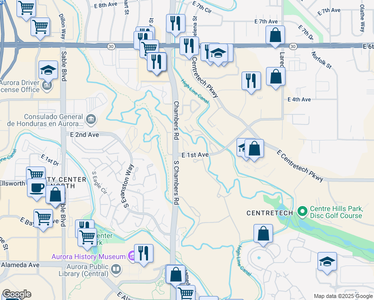 map of restaurants, bars, coffee shops, grocery stores, and more near 15403 East 1st Avenue in Aurora