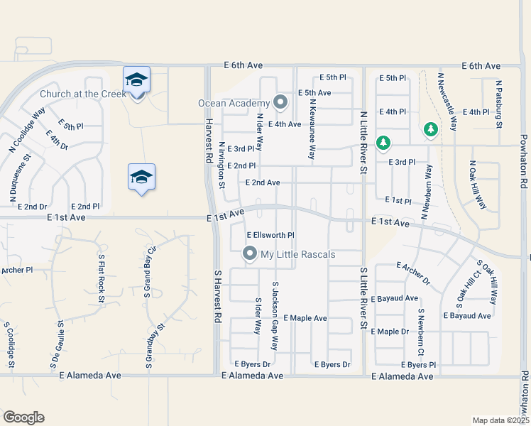 map of restaurants, bars, coffee shops, grocery stores, and more near 25166 East 1st Avenue in Aurora