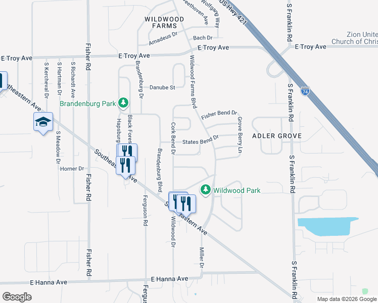 map of restaurants, bars, coffee shops, grocery stores, and more near 7924 States Bend Lane in Indianapolis