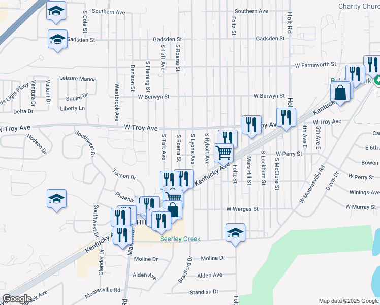 map of restaurants, bars, coffee shops, grocery stores, and more near 3060 South Lyons Avenue in Indianapolis