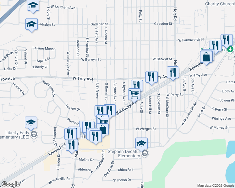 map of restaurants, bars, coffee shops, grocery stores, and more near 3106 South Lyons Avenue in Indianapolis