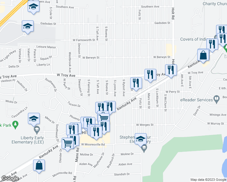 map of restaurants, bars, coffee shops, grocery stores, and more near 3060 South Lyons Avenue in Indianapolis