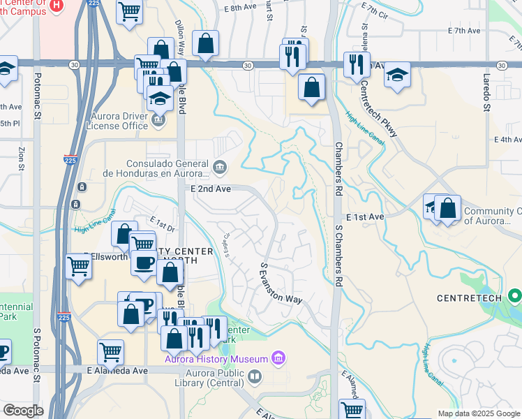 map of restaurants, bars, coffee shops, grocery stores, and more near 14896 East 2nd Avenue in Aurora