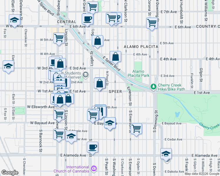 map of restaurants, bars, coffee shops, grocery stores, and more near 103 Pearl Street in Denver
