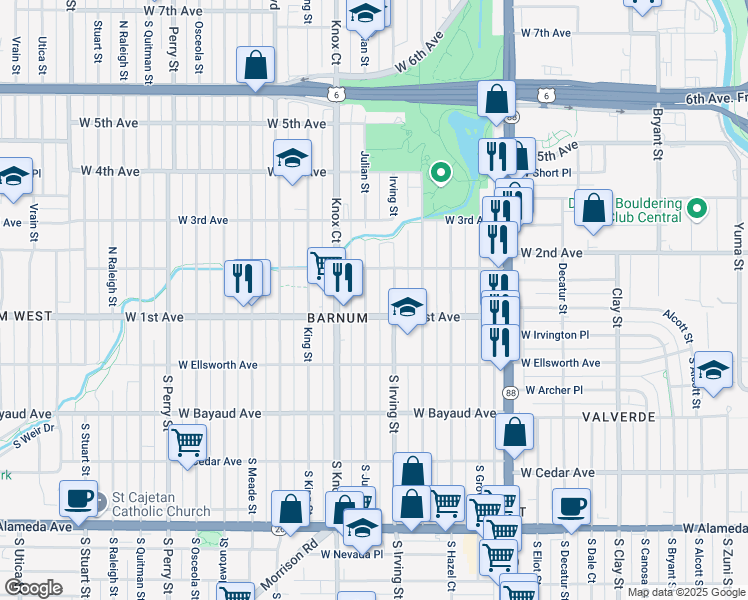 map of restaurants, bars, coffee shops, grocery stores, and more near 111 Julian Street in Denver
