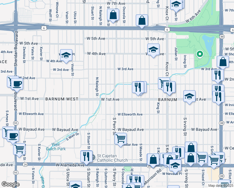 map of restaurants, bars, coffee shops, grocery stores, and more near 121 Osceola Street in Denver