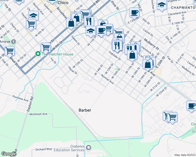 map of restaurants, bars, coffee shops, grocery stores, and more near 1406 Chestnut Street in Chico