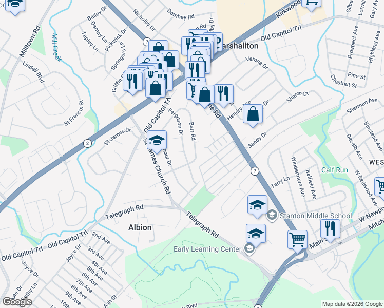map of restaurants, bars, coffee shops, grocery stores, and more near 2103 Ferguson Drive in Wilmington