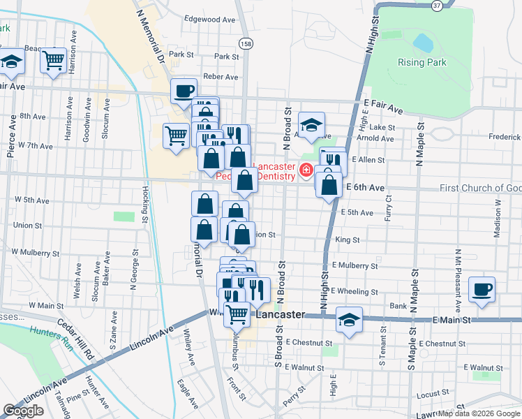 map of restaurants, bars, coffee shops, grocery stores, and more near in Lancaster