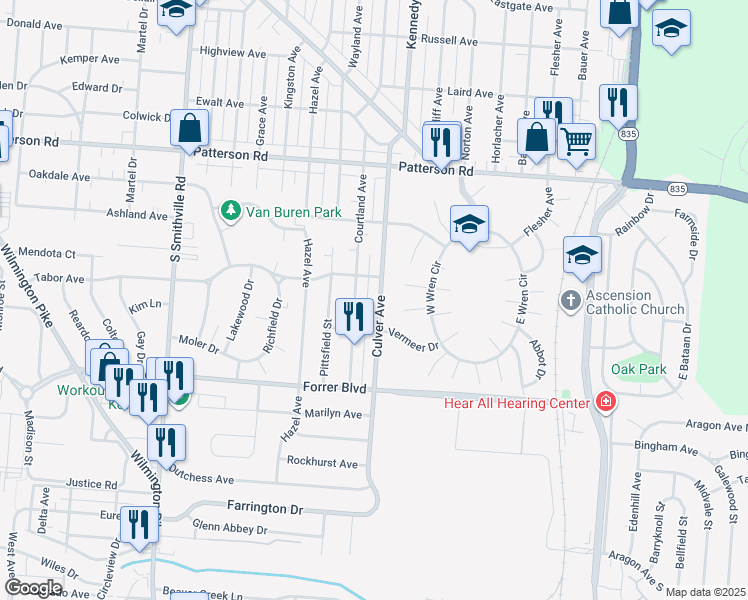 map of restaurants, bars, coffee shops, grocery stores, and more near 2033 Culver Avenue in Dayton