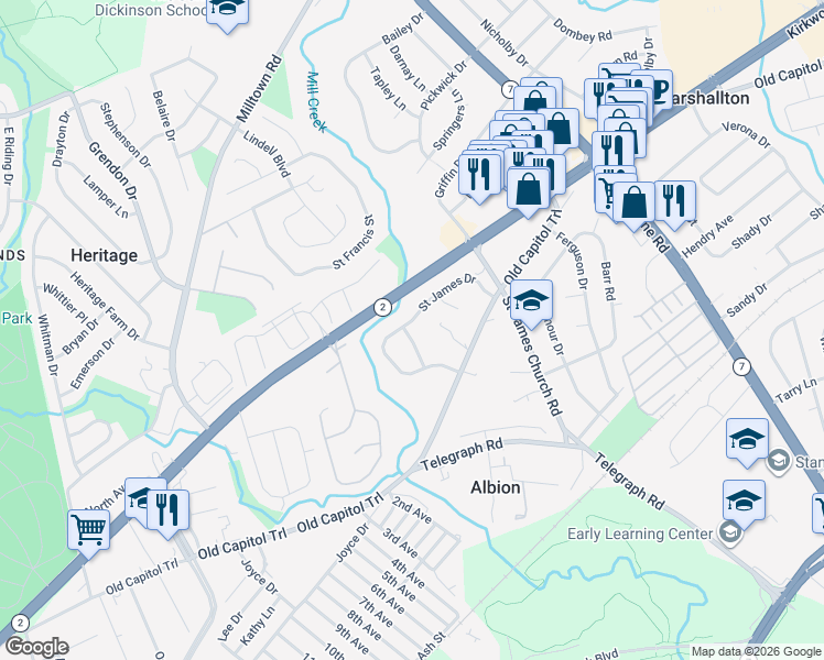 map of restaurants, bars, coffee shops, grocery stores, and more near 2231 Saint James Drive in Wilmington