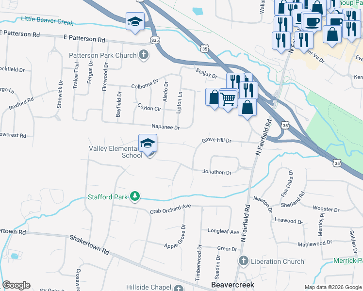 map of restaurants, bars, coffee shops, grocery stores, and more near 3531 Woodgreen Drive in Dayton