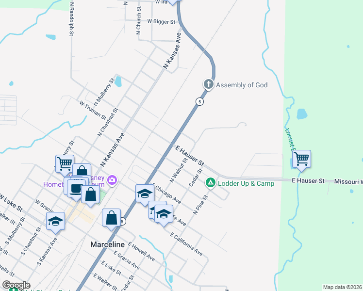 map of restaurants, bars, coffee shops, grocery stores, and more near 301-399 E Hauser St in Marceline