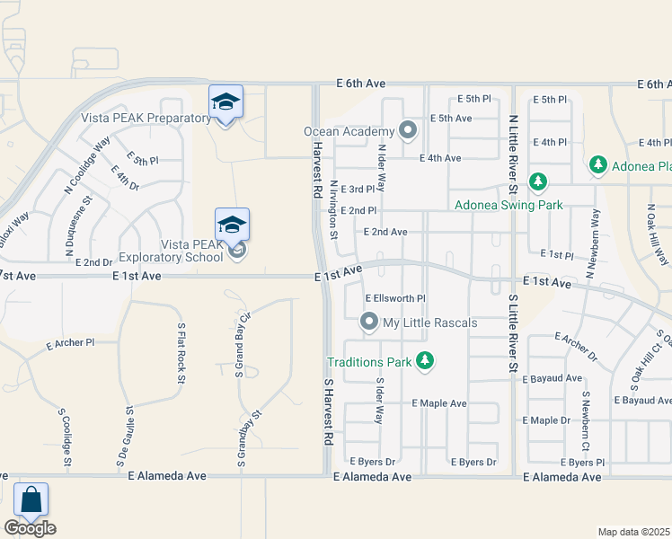 map of restaurants, bars, coffee shops, grocery stores, and more near East 1st Avenue in Aurora