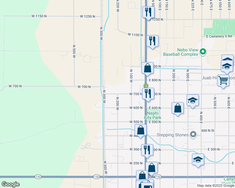 map of restaurants, bars, coffee shops, grocery stores, and more near 697 North 200 West in Nephi