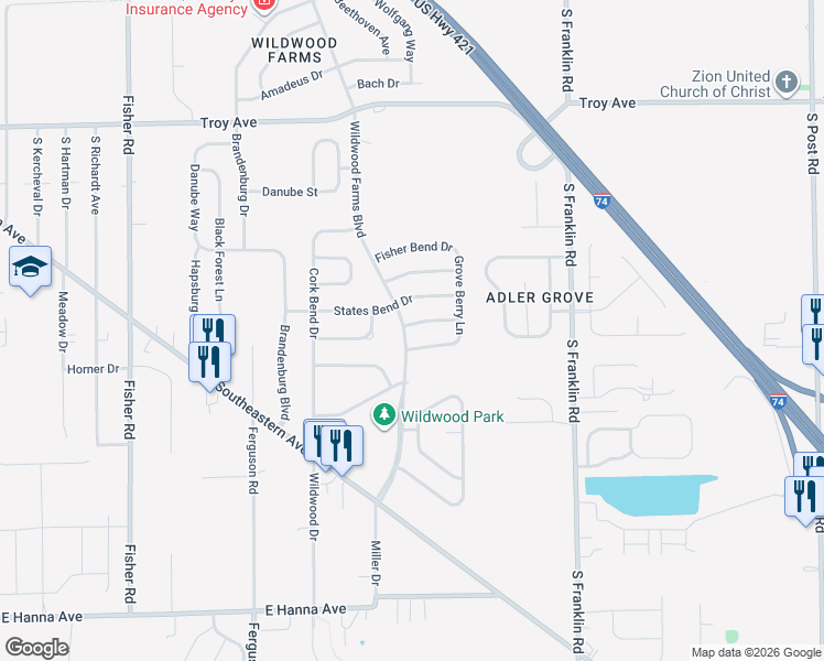 map of restaurants, bars, coffee shops, grocery stores, and more near 8041 Grove Berry Drive in Indianapolis