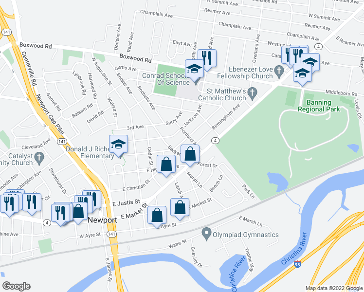 map of restaurants, bars, coffee shops, grocery stores, and more near 608 Tyrone Avenue in Wilmington
