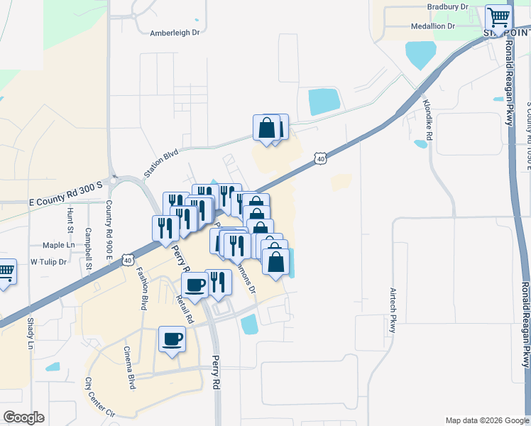 map of restaurants, bars, coffee shops, grocery stores, and more near 2695 East Main Street in Plainfield