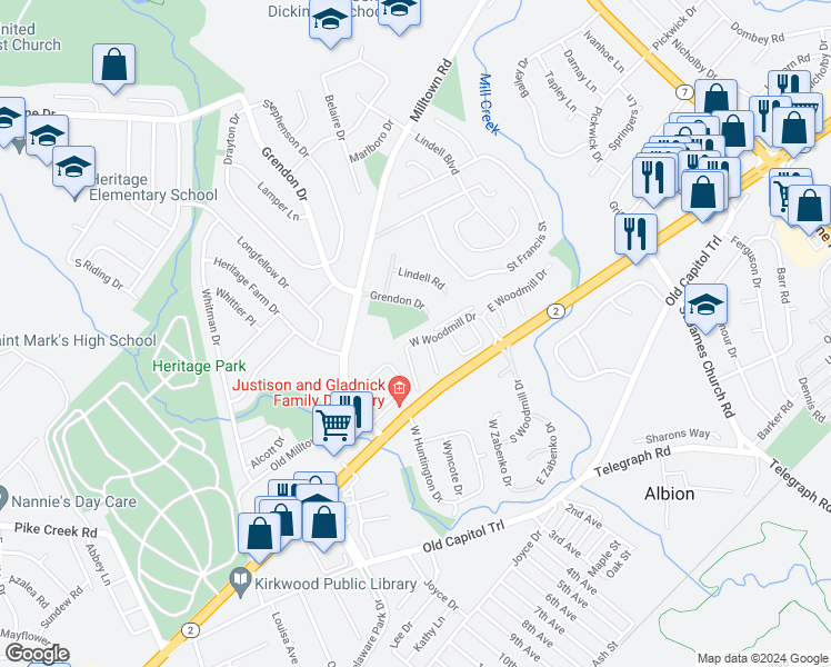 map of restaurants, bars, coffee shops, grocery stores, and more near 5083 West Woodmill Drive in Wilmington