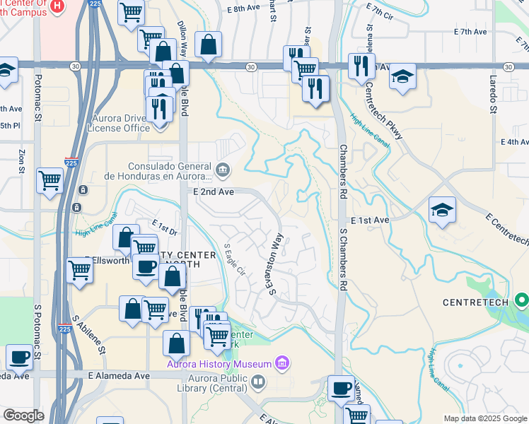 map of restaurants, bars, coffee shops, grocery stores, and more near 14896 East 2nd Avenue in Aurora