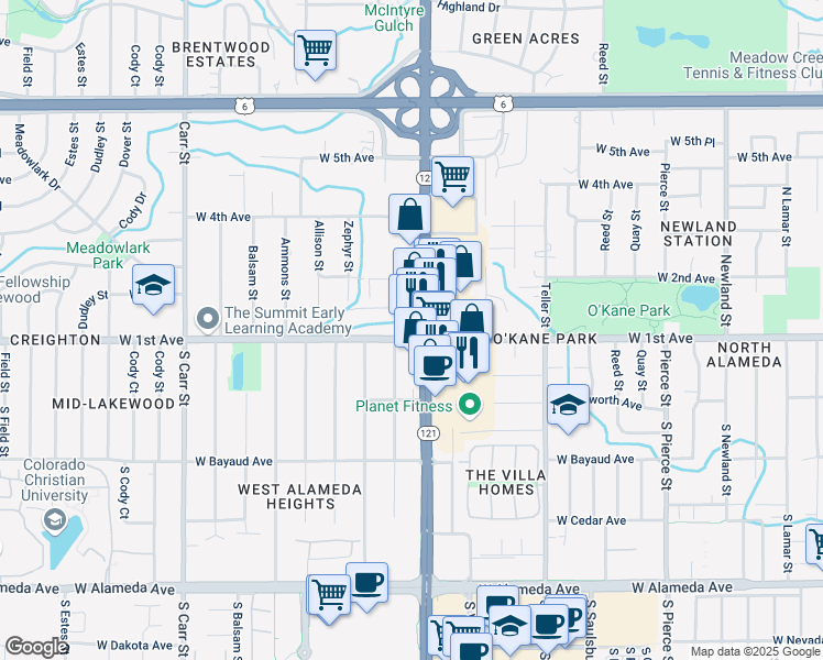 map of restaurants, bars, coffee shops, grocery stores, and more near 80 Yukon Street in Lakewood