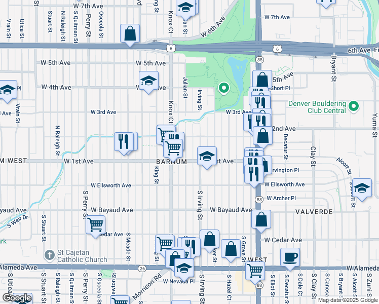 map of restaurants, bars, coffee shops, grocery stores, and more near 111 Julian Street in Denver