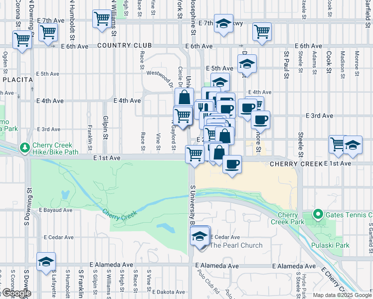 map of restaurants, bars, coffee shops, grocery stores, and more near 101 University Boulevard in Denver