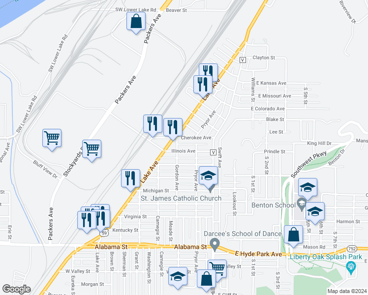 map of restaurants, bars, coffee shops, grocery stores, and more near 223 Illinois Avenue in Saint Joseph